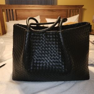 Lulu Dharma Black Woven Vegan Leather Tote Bag